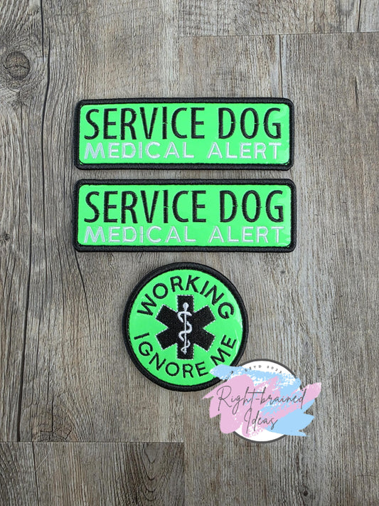 Service Dog Medical Alert Black and White On Neon Green Vinyl Three-piece Patch Set