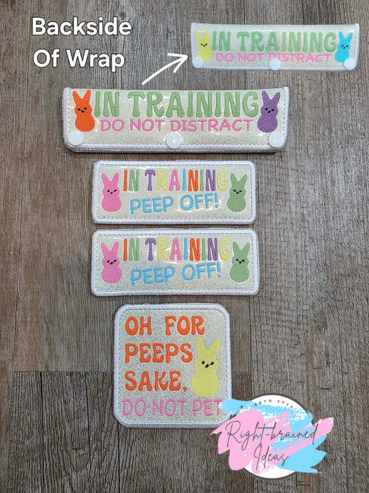 Fun Size, Easter Bunny Marshmallow Inspired In Training Do Not Distract Multi-colored Flat Matt Palette On Sparkle White Vinyl Four-piece Patch And Double-sided Leash Wrap Set