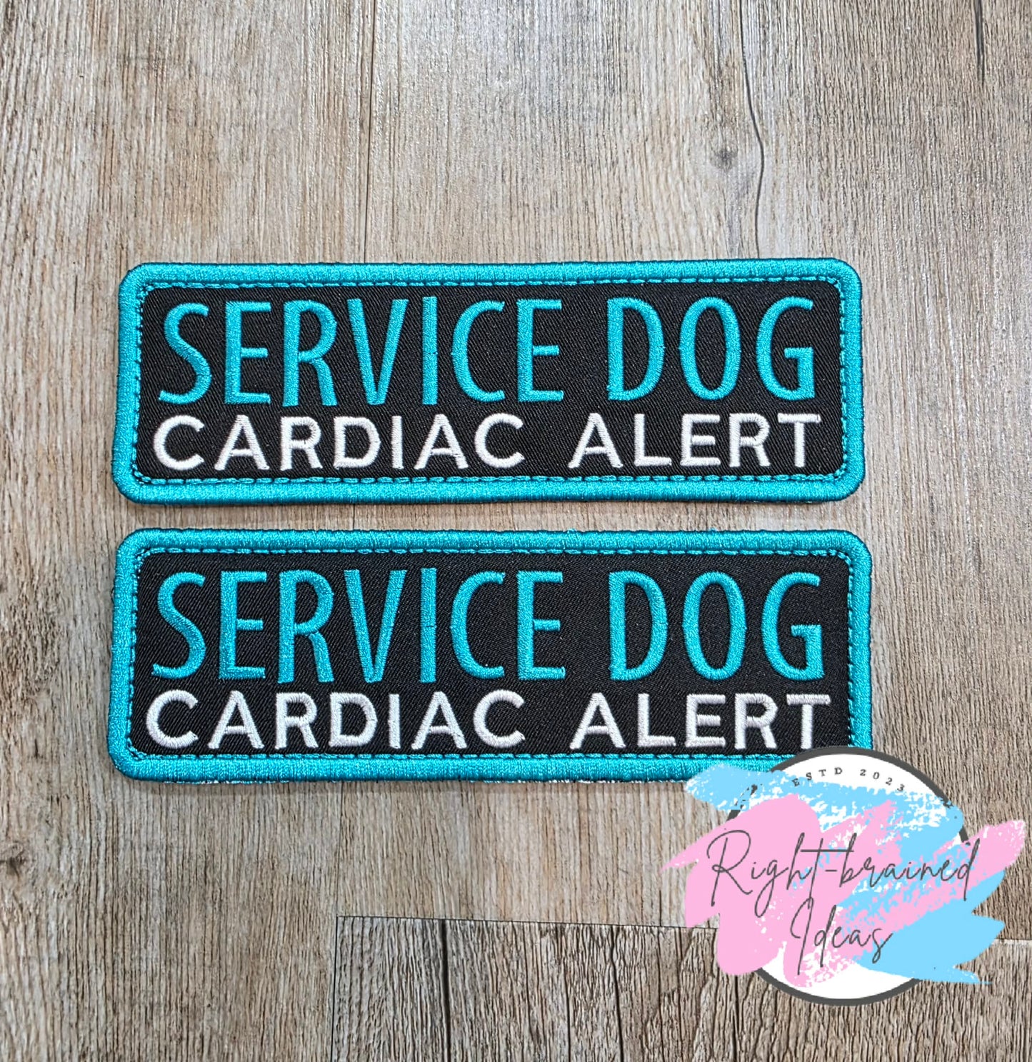 Service Dog Cardiac Alert Teal And White On Lightweight High Performance Black Twill Five-piece Patch and Patch Tab Set