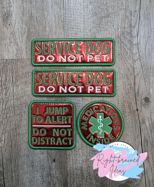 Service Dog Do Not Pet Satin Green And White On Red Metallic Vinyl Four-piece Patch Set