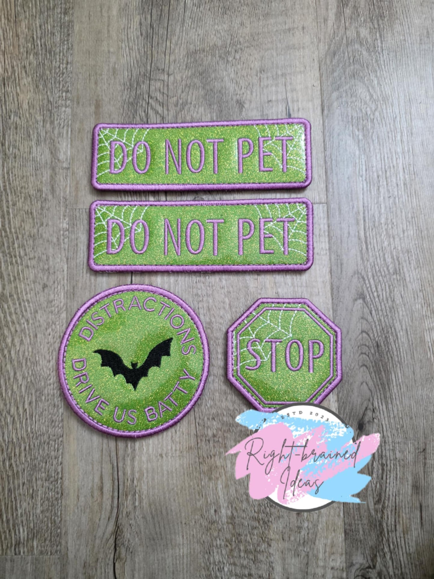 Do Not Pet Creepy Crawley Inspired Purple, Black and Glow-in-the-Dark White on Sparkle Lime Green Vinyl Four-piece Patch Set