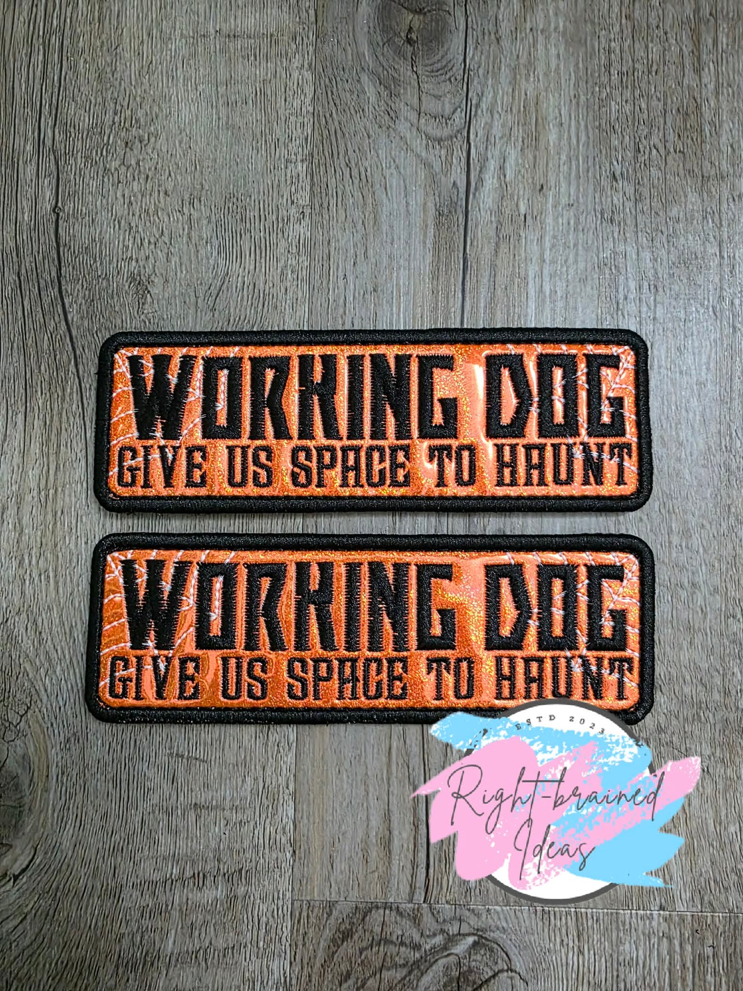 Spooky Season Inspired Working Dog Black And Glow-In-The-Dark White On Sparkle Neon Orange Holographic Vinyl Four-piece Patch Set