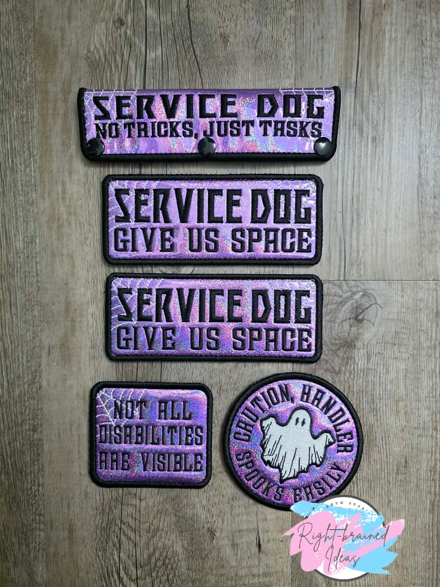 Spooky Season Inspired Service Dog Glow-In-The-Dark White And Black On Sparkle Purple Holographic Vinyl Five-piece Oversized Patch And Leash Wrap Set