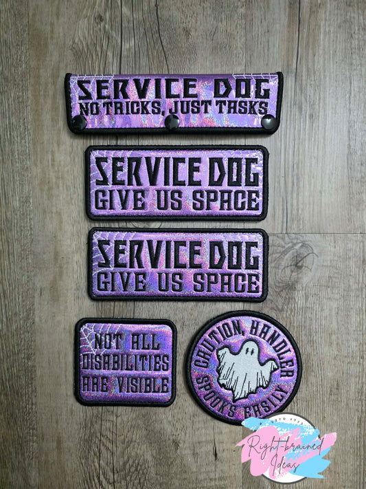 Spooky Season Inspired Service Dog Glow-In-The-Dark White And Black On Sparkle Purple Holographic Vinyl Five-piece Oversized Patch And Leash Wrap Set