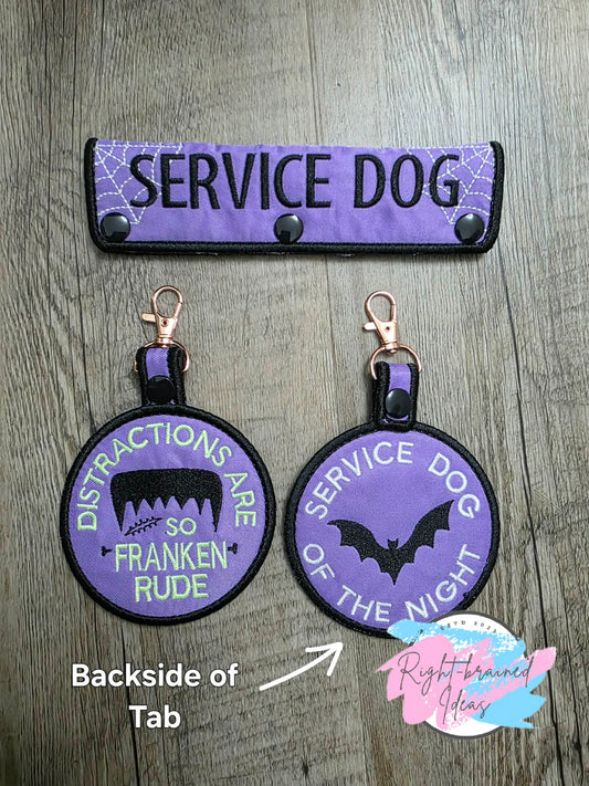 Service Dog Spooky Season Inspired Glow-in-the-Dark and Black on Lightweight High Performance Lavender Twill Two-piece Double-sided Patch Tab And Leash Wrap Set