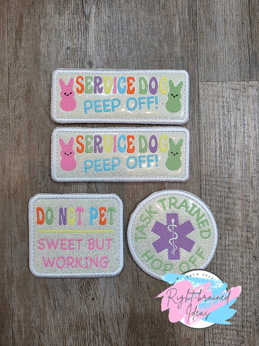 Fun Size, Easter Bunny Marshmallow Inspired Service Dog Multi-colored Flat Matt Palette On Sparkle White Vinyl Four-piece Patch Set