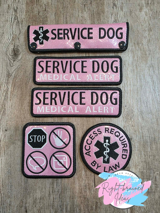 Service Dog Medical Alert White And Black On Sparkle Light Pink Vinyl Five-piece Patch And Leash Wrap Set