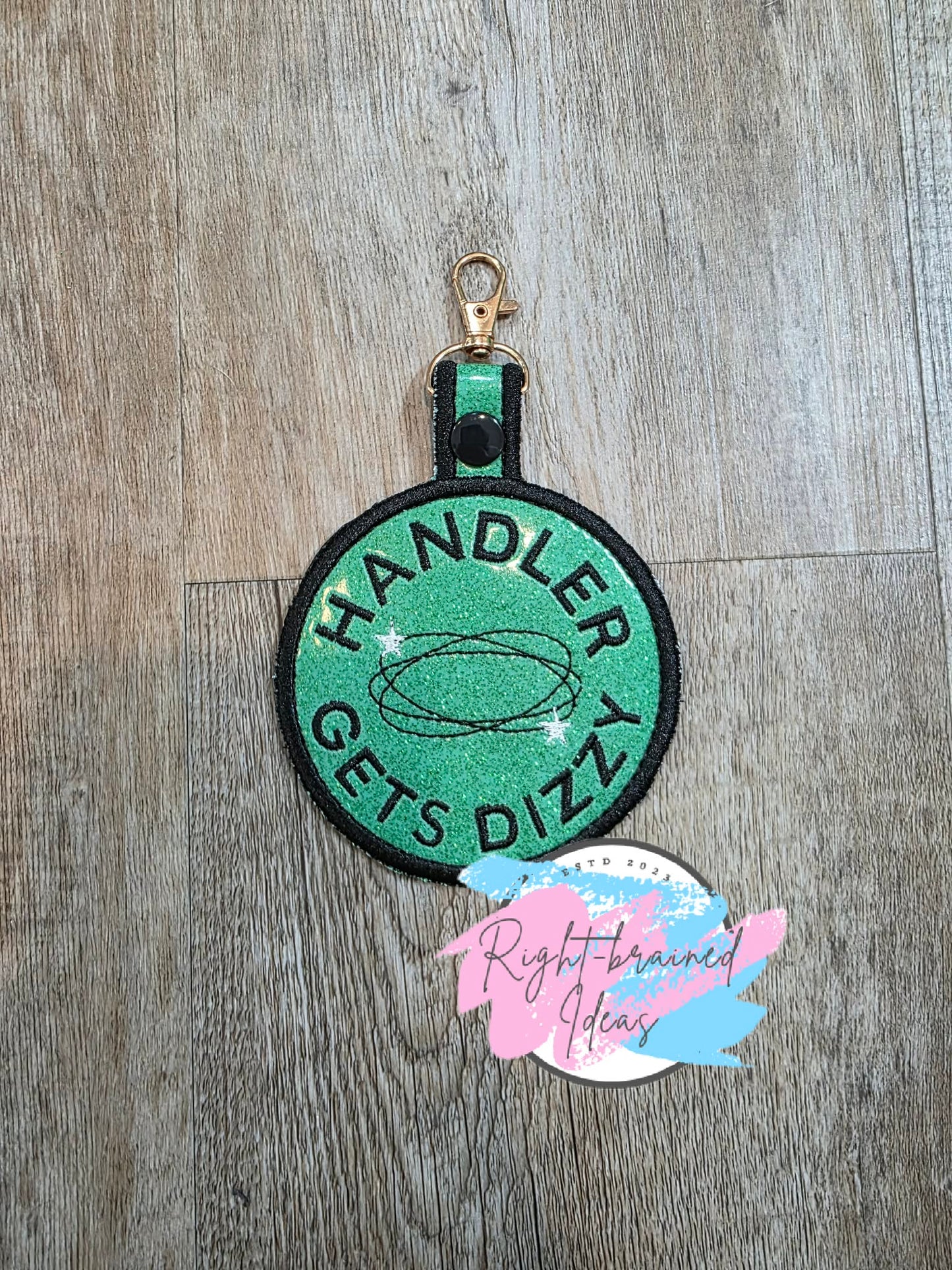 Handler Gets Dizzy Black And White On Sparkle Moss Green Vinyl Patch Tab