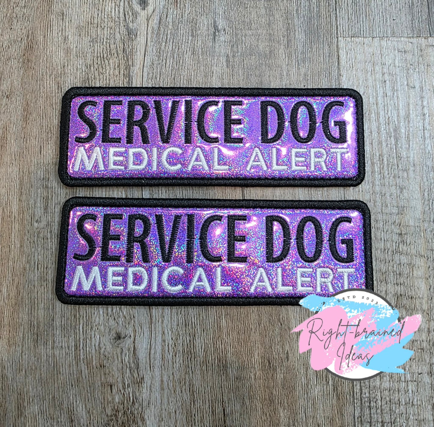 Service Dog Medical Alert Black And White On Sparkle Purple Holographic Vinyl Four-piece Patch Set