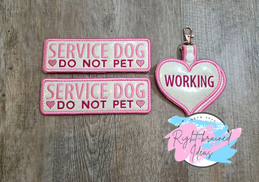 Service Dog Do Not Pet Ballerina Pink And Fuchsia On Sparkle White Vinyl Three-piece Patch And Patch Tab Set