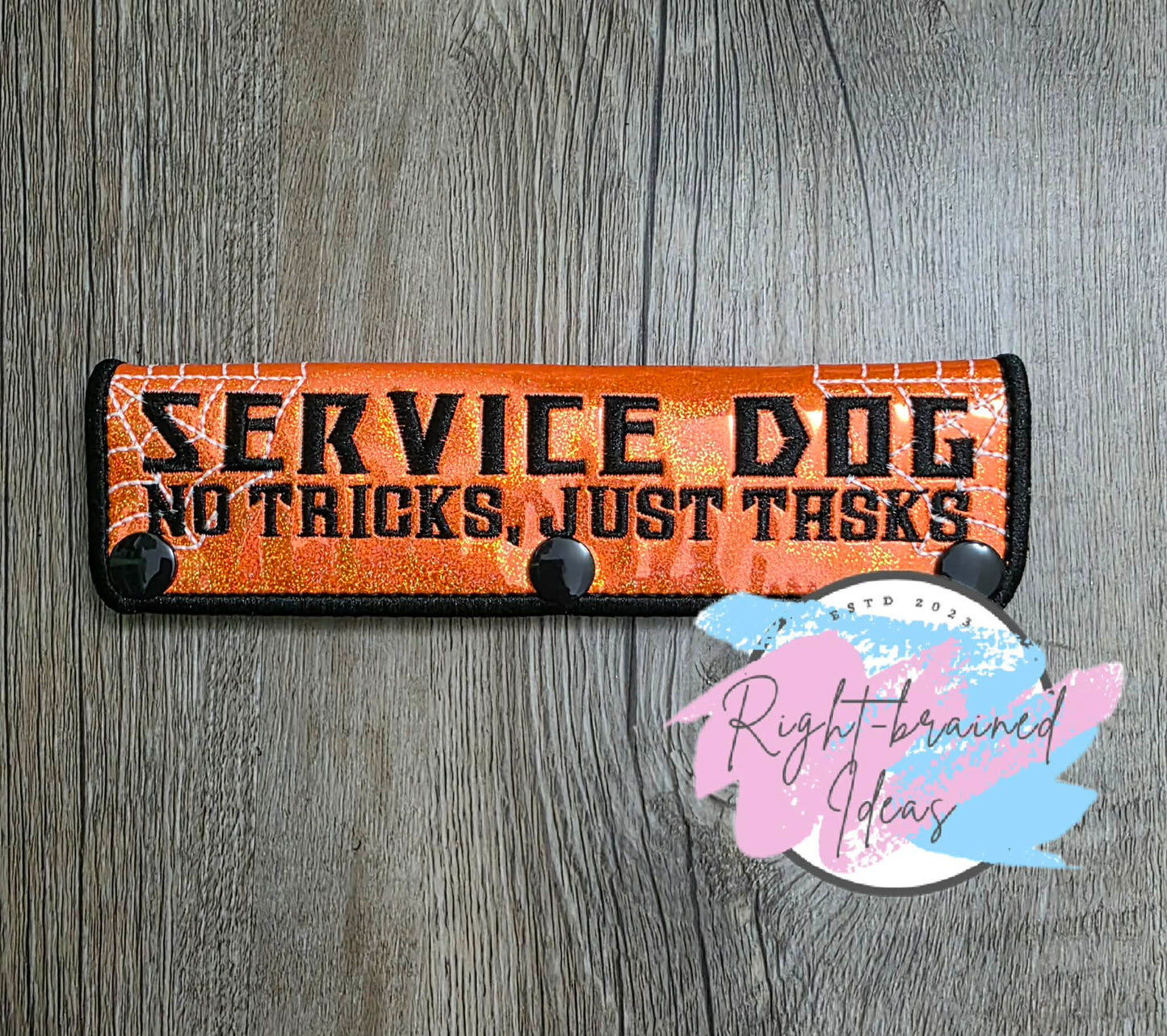 Spooky Season Inspired Service Dog Glow-In-The-Dark White And Black On Sparkle Neon Orange Holographic Vinyl Five-piece Oversized Patch And Leash Wrap Set