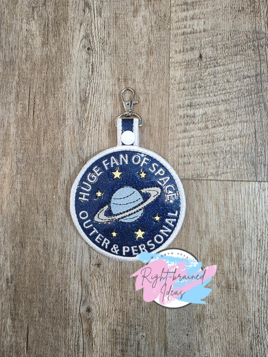Huge Fan of Space, Outer and Personal White on Sparkly Midnight Blue Holographic Vinyl Oversized Patch Tab