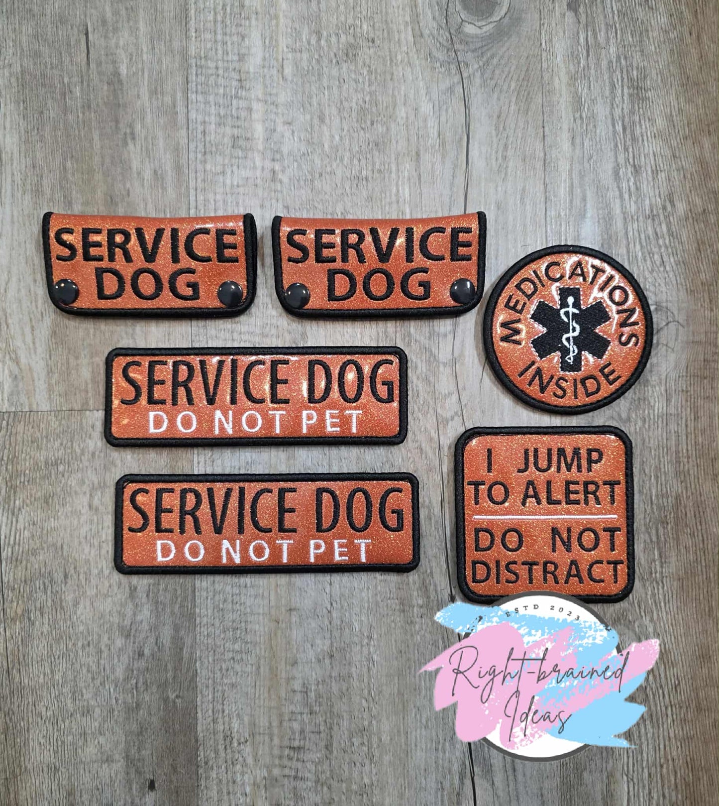 Service Dog Do Not Pet Black And White On Sparkle Burnt Orange Vinyl Six-piece Patch And Mini Leash Wrap Set