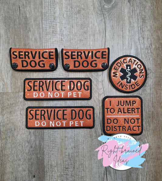 Service Dog Do Not Pet Black And White On Sparkle Burnt Orange Vinyl Six-piece Patch And Mini Leash Wrap Set