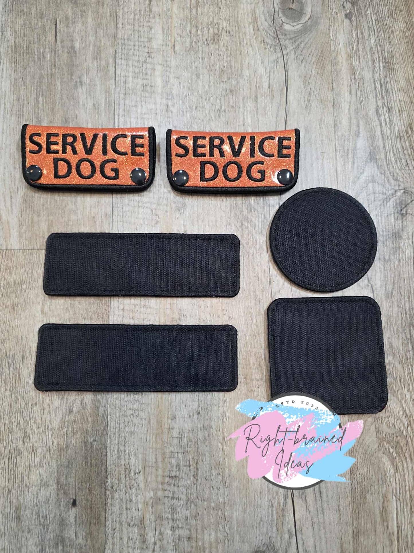 Service Dog Do Not Pet Black And White On Sparkle Burnt Orange Vinyl Six-piece Patch And Mini Leash Wrap Set