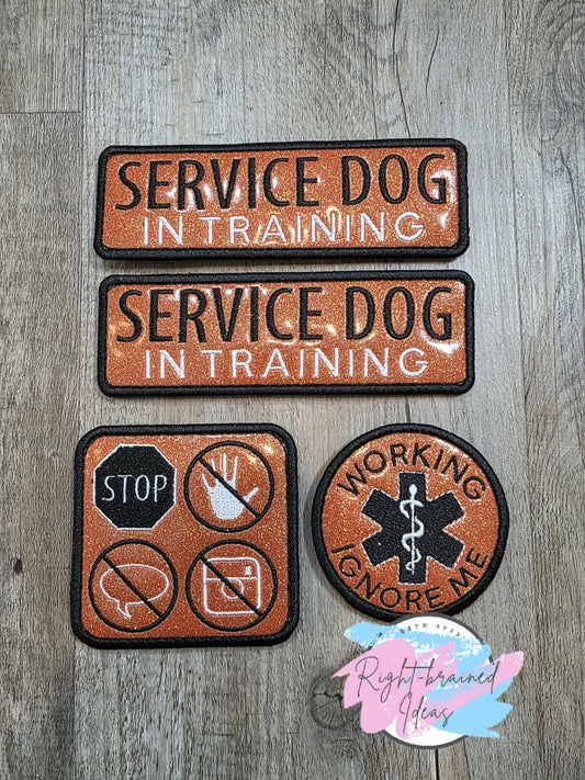 *Minor Cosmetic Flaw* Service Dog In Training Black And White On Sparkle Burnt Orange Vinyl Four-piece Patch Set