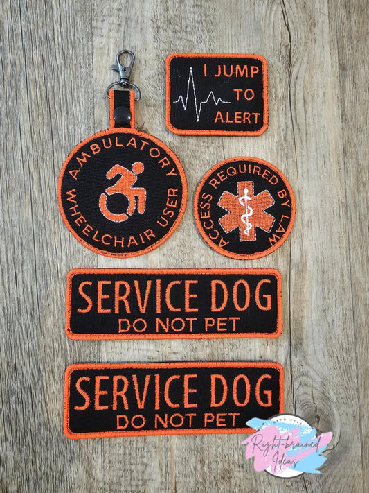 Service Dog, Do Not Pet Matte Burnt Orange on Black Canvas Basic Five-piece Patch and Patch Tab Set