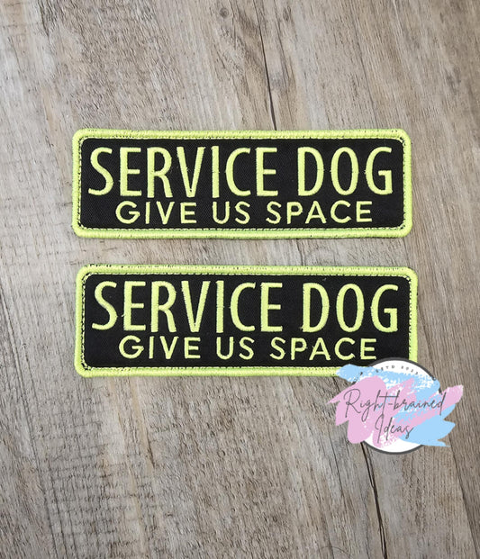 Give Us Space Service Dog Neon Yellow on Black Twill Rectangular Patches