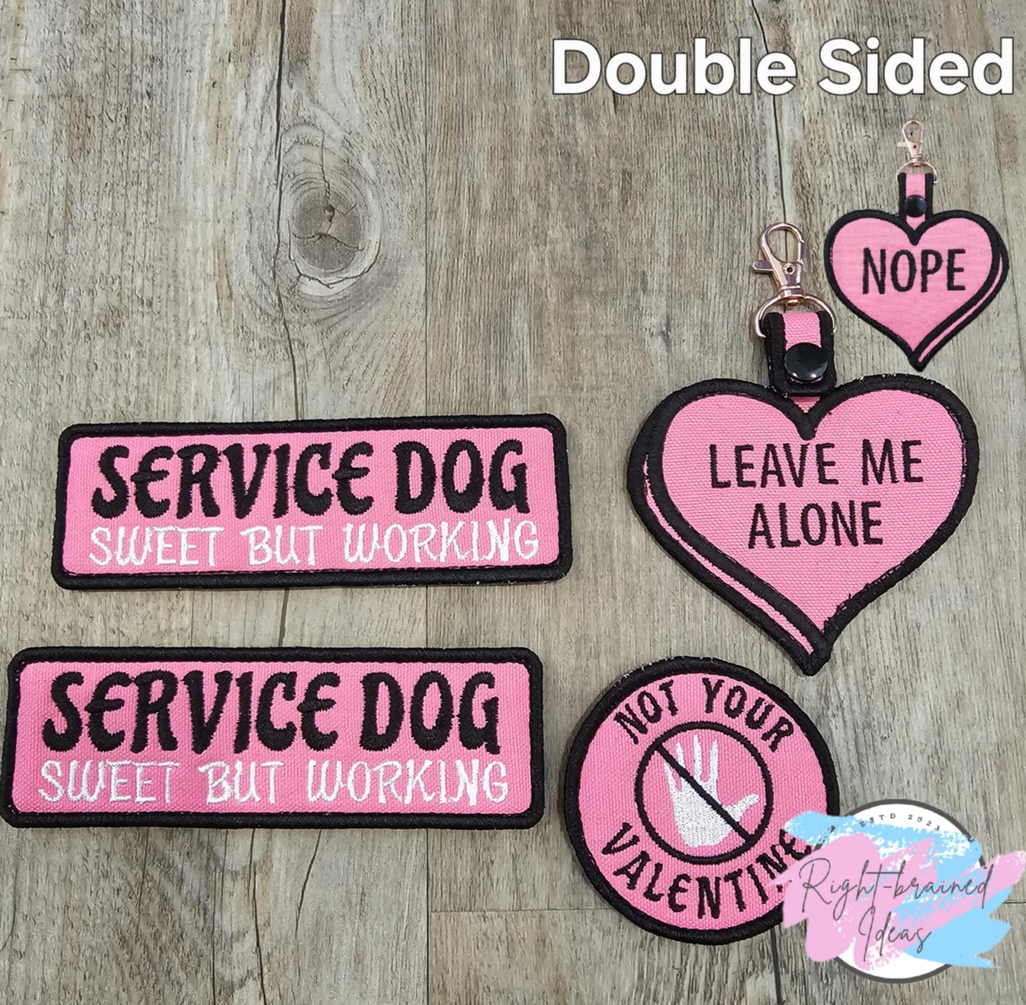 Service Dog, Sweet But Working Themed Valentine's Day Conversation Heart Inspired Patch Set Pink Canvas Black White Embroidery Patcht