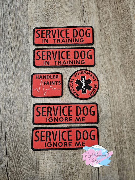 Service Dog, In Training, Ignore Me Grow With Them Black and White on Red Canvas Six-piece Patch Set Faint Alert