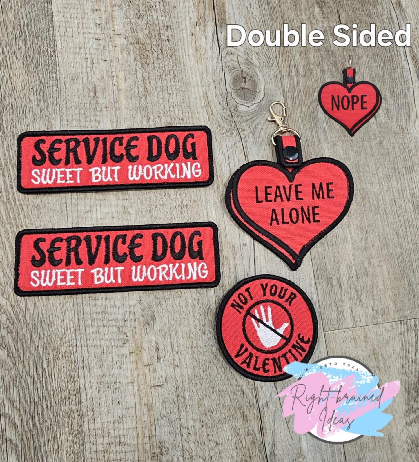 Service Dog, Sweet But Working Valentine's Day Themed Conversation Hearts Inspired Patch Set Red Canvas Black White Embroidery Patch