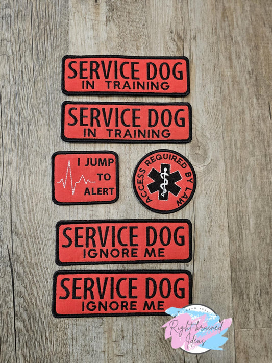 Service Dog, In Training, Ignore Me Grow With Them Black on Red Canvas Six-piece Patch Set