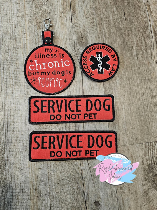 Service Dog, Do Not Pet Black on Red Canvas Four-piece Patch and Patch Tab set