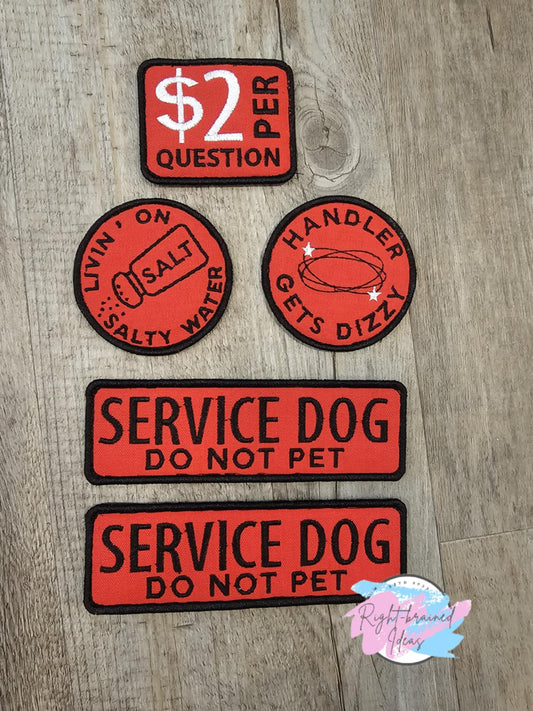 Service Dog, Do Not Pet Black and White on Red Canvas Five-piece Patch Set