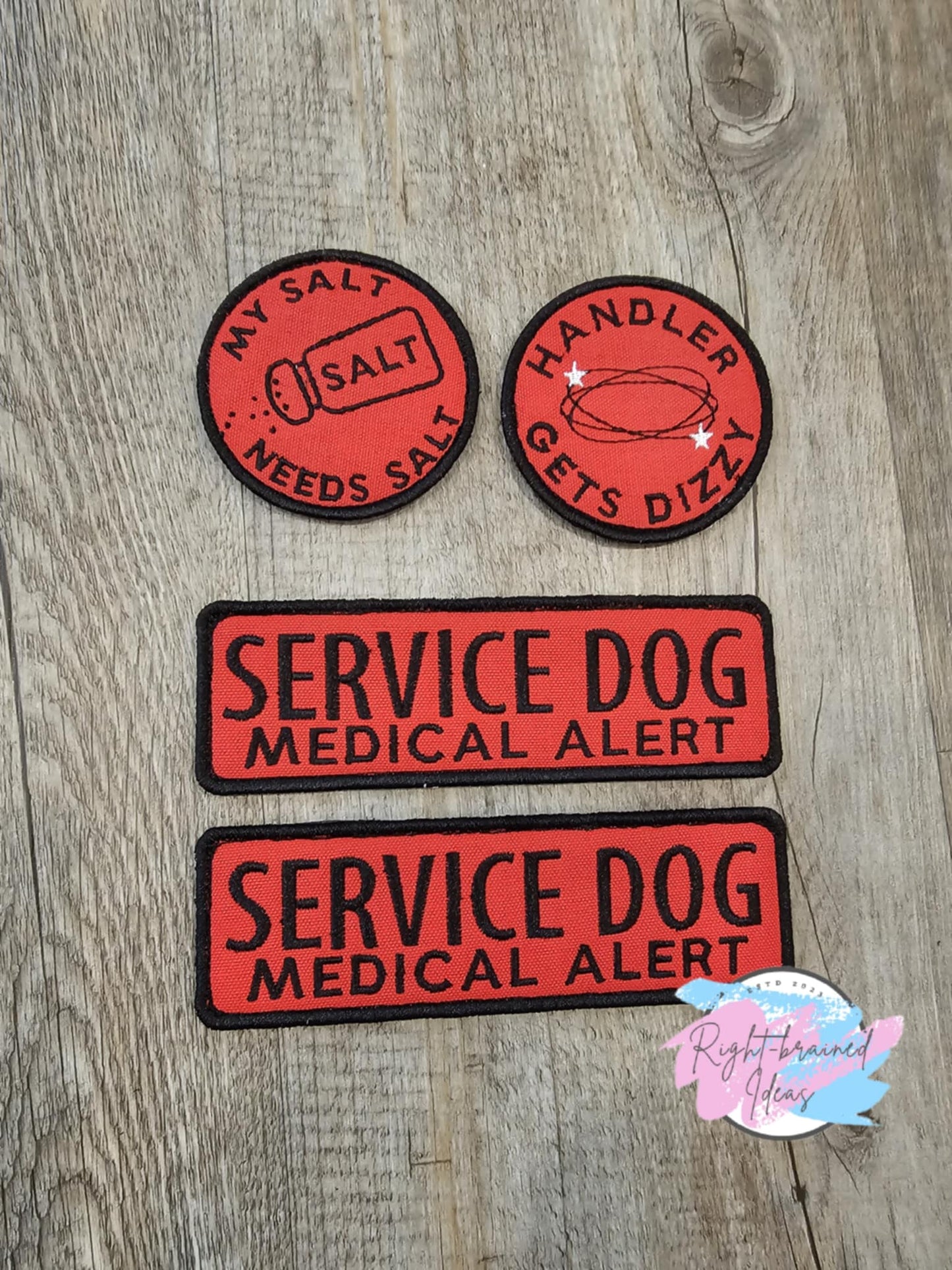 Service Dog, Medical Alert Black on Red Canvas Four-piece Basic Patch Set