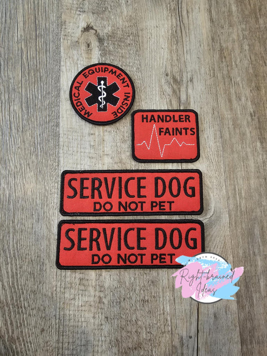 Service Dog, Do Not Pet Black on Red Canvas Four-piece Dog Gear Patch Set