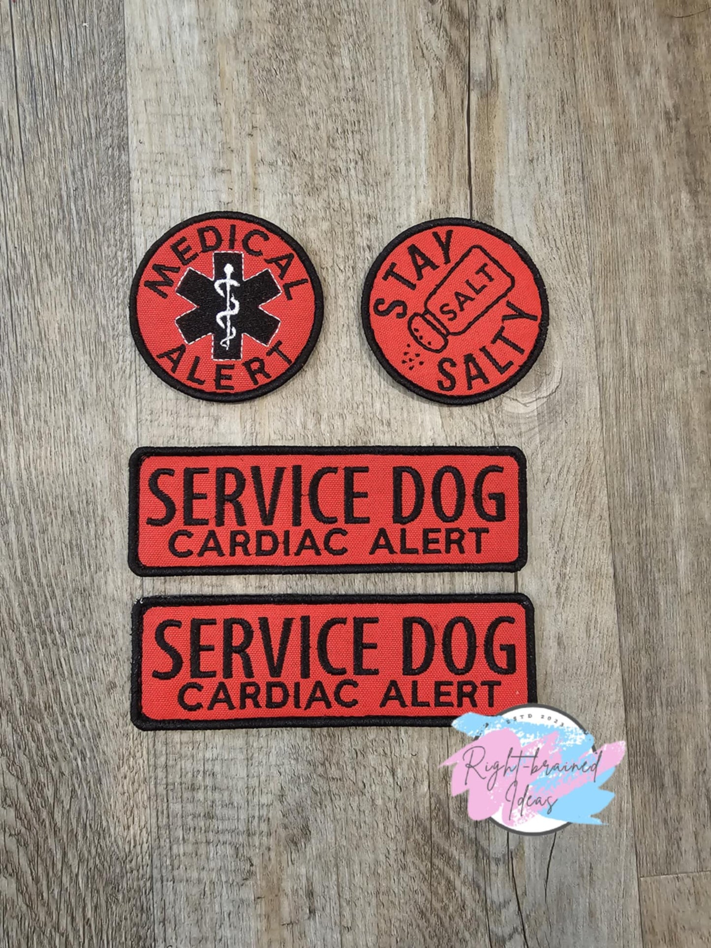 Service Dog, Cardiac Alert Black on Red Canvas Four-piece Basic Patch Set