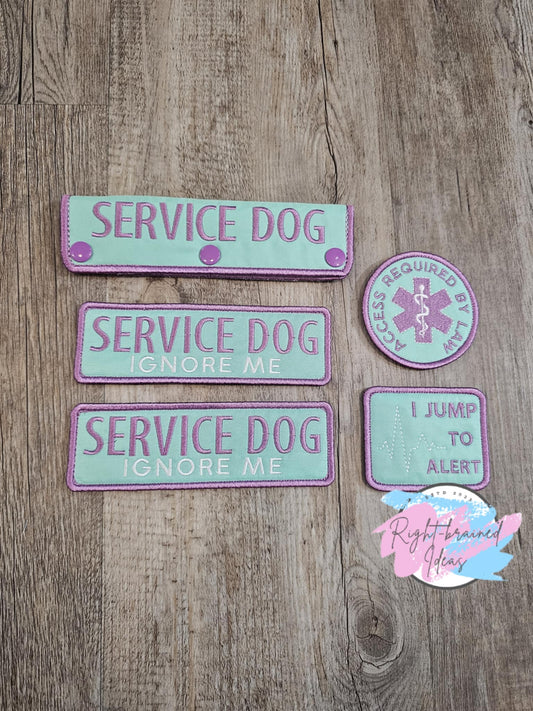 Service Dog Ignore Me Lavender on Seafoam Twill Five-piece Patch and Leash Wrap Set