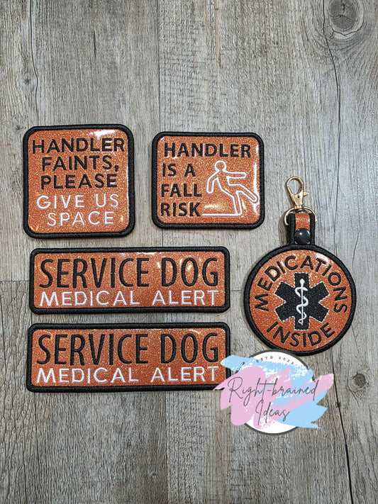 Service Dog Medical Alert Black And White On Sparkle Burnt Orange Vinyl Five-piece Patch and Patch Tab Set