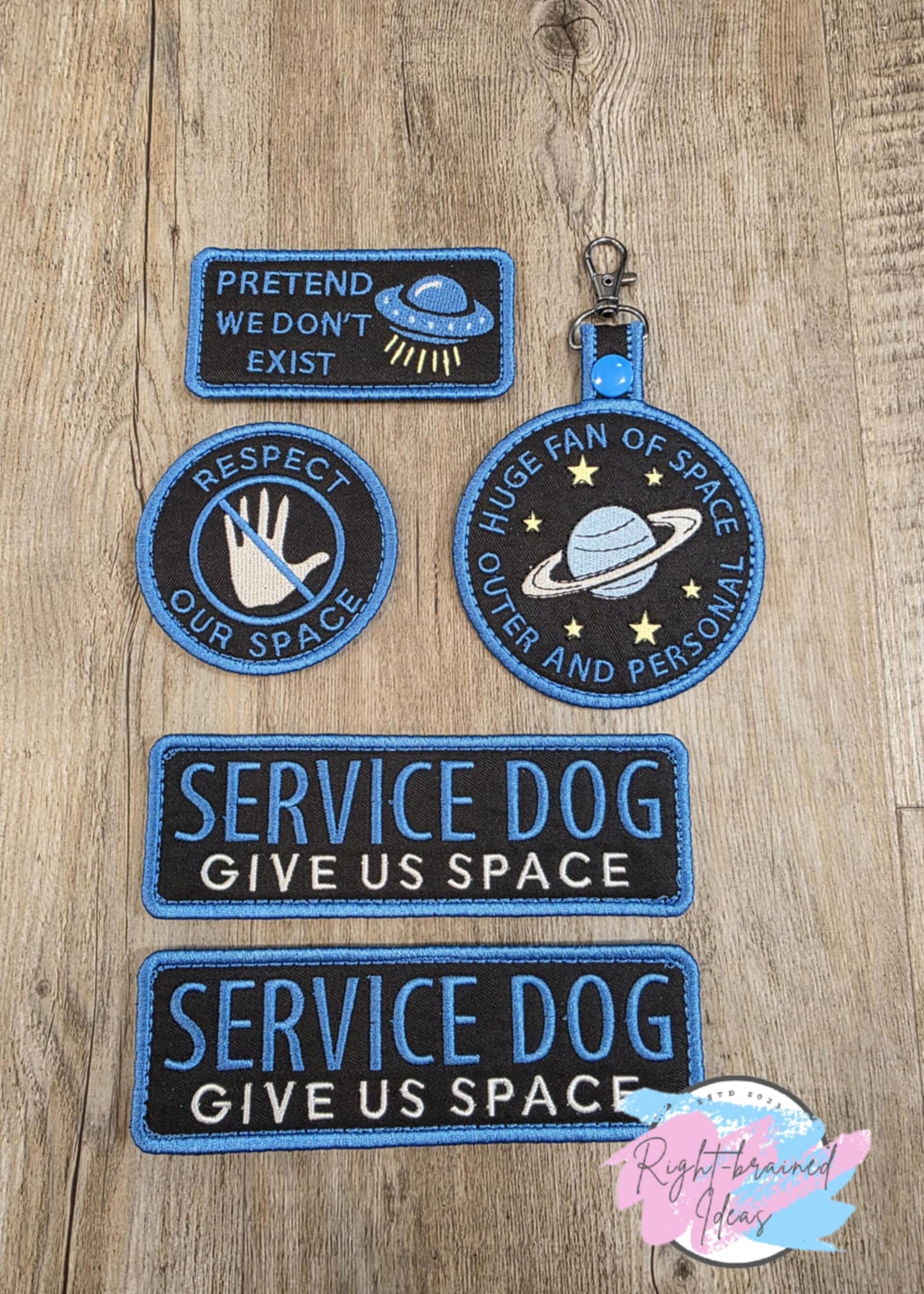Service Dog, Give Us Space Blue on Black Five-piece Patch and Tab Set