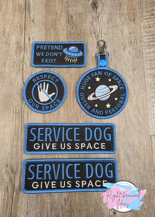 Service Dog, Give Us Space Blue on Black Five-piece Patch and Tab Set