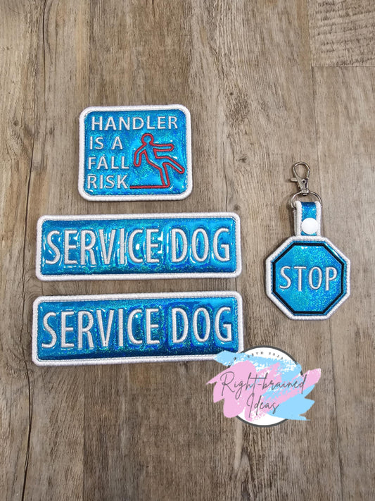 Service Dog White on Sparkle Teal Blue Four-piece Set Holographic Sparkle Teal Blue Vinyl "STOP" sign Patch Tab