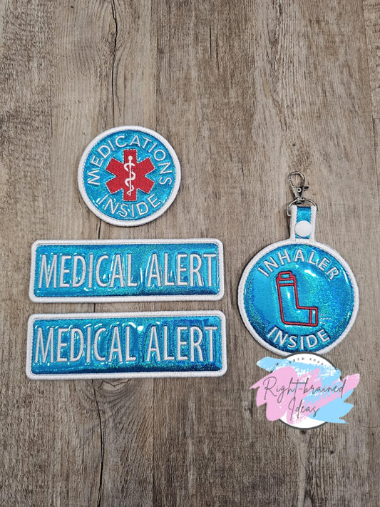 Medical Alert White on Sparkle Teal Blue Four-piece Set Holographic Sparkle Teal Blue Vinyl Inhaler Inside Patch Tab