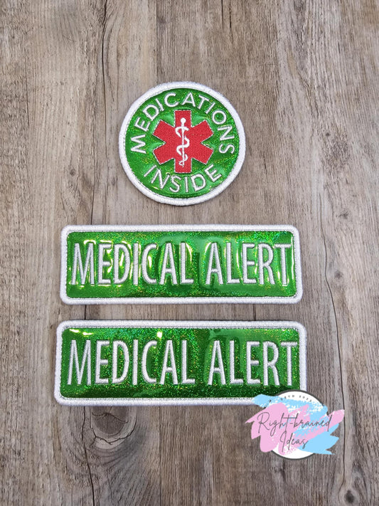 Medical Alert White on Holographic Green Three-piece Patch Set Holographic Sparkle Vinyl