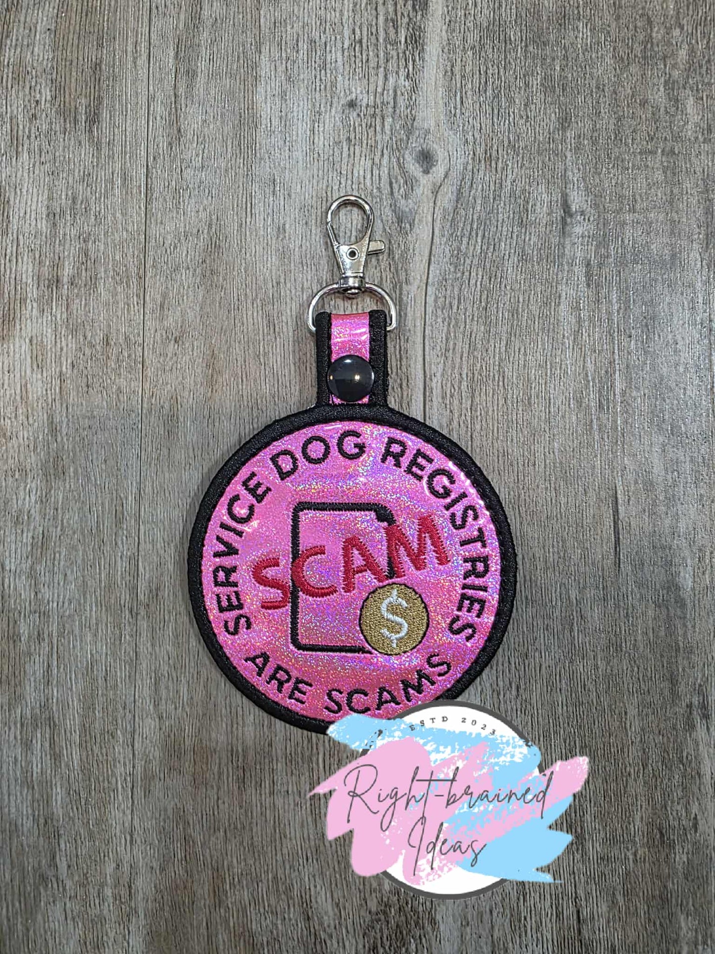 SCAM Registries Black, Gold And Red On Sparkle Pink Holographic Vinyl Patch Tab