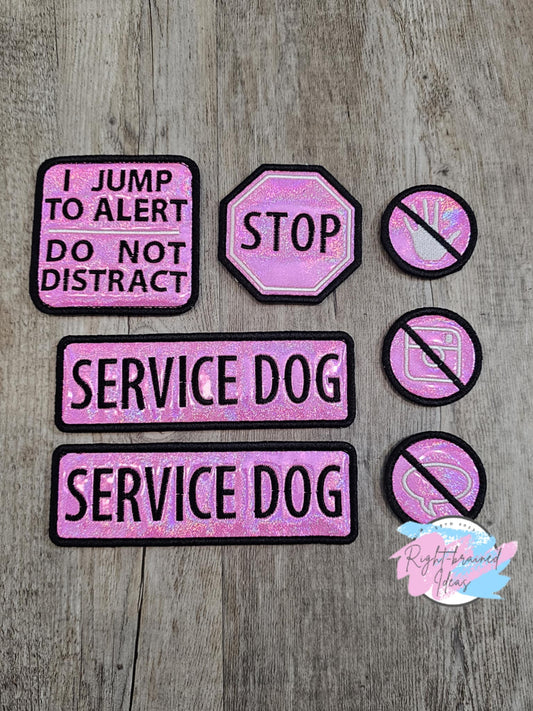 Service Dog Black on Sparkly Pink Holographic Vinyl Seven-piece Patch Set