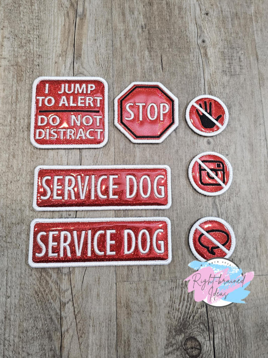 Service Dog Black on Sparkly Red Holographic Vinyl Seven-piece Patch Set