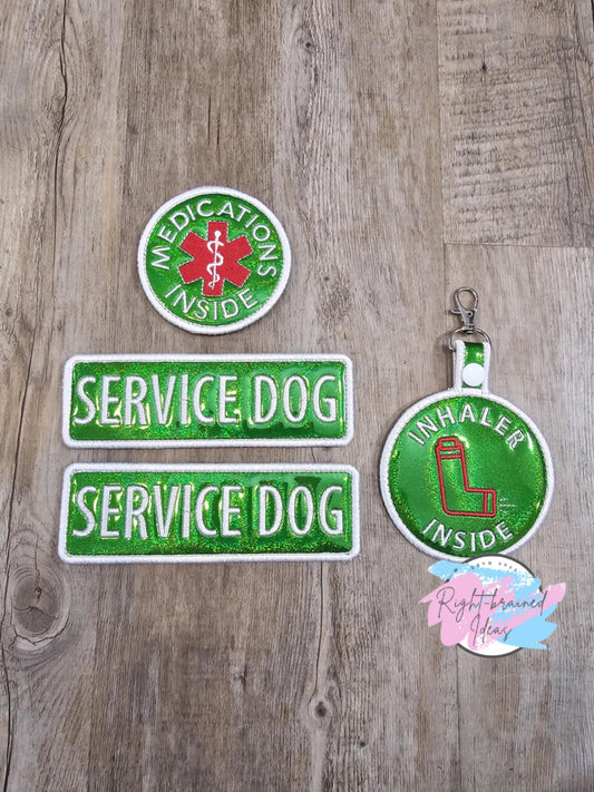 Service Dog White on Holographic Green Four-piece Patch Set Holographic Sparkle Vinyl