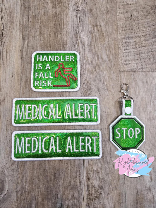 Medical Alert White on Holographic Green Four-piece Patch Set Holographic Sparkle Vinyl