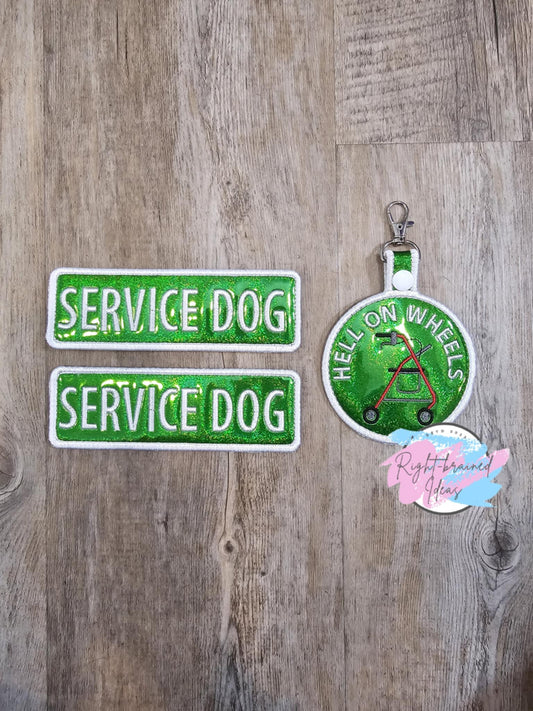 Service Dog White on Holographic Green Three-piece Patch and Patch Tab Set