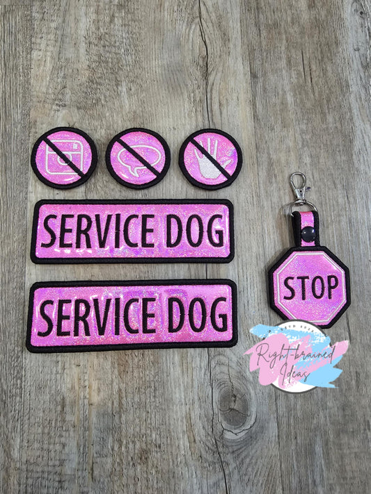 Service Dog Mini Icon Black and White on Holographic Sparkle Pink Vinyl Six-piece Patch and Tab Set