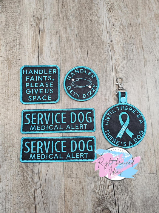 Service Dog Medical Alert Teal on Black Twill POTS Dysautonomia Five-piece Patch and Tab Set