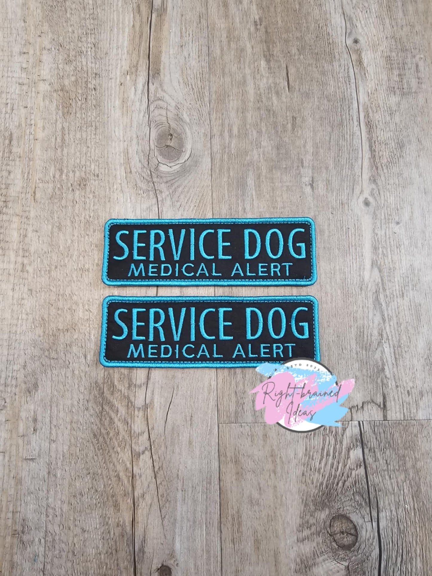 Service Dog Medical Alert Teal on Black Twill POTS Dysautonomia Five-piece Patch and Tab Set