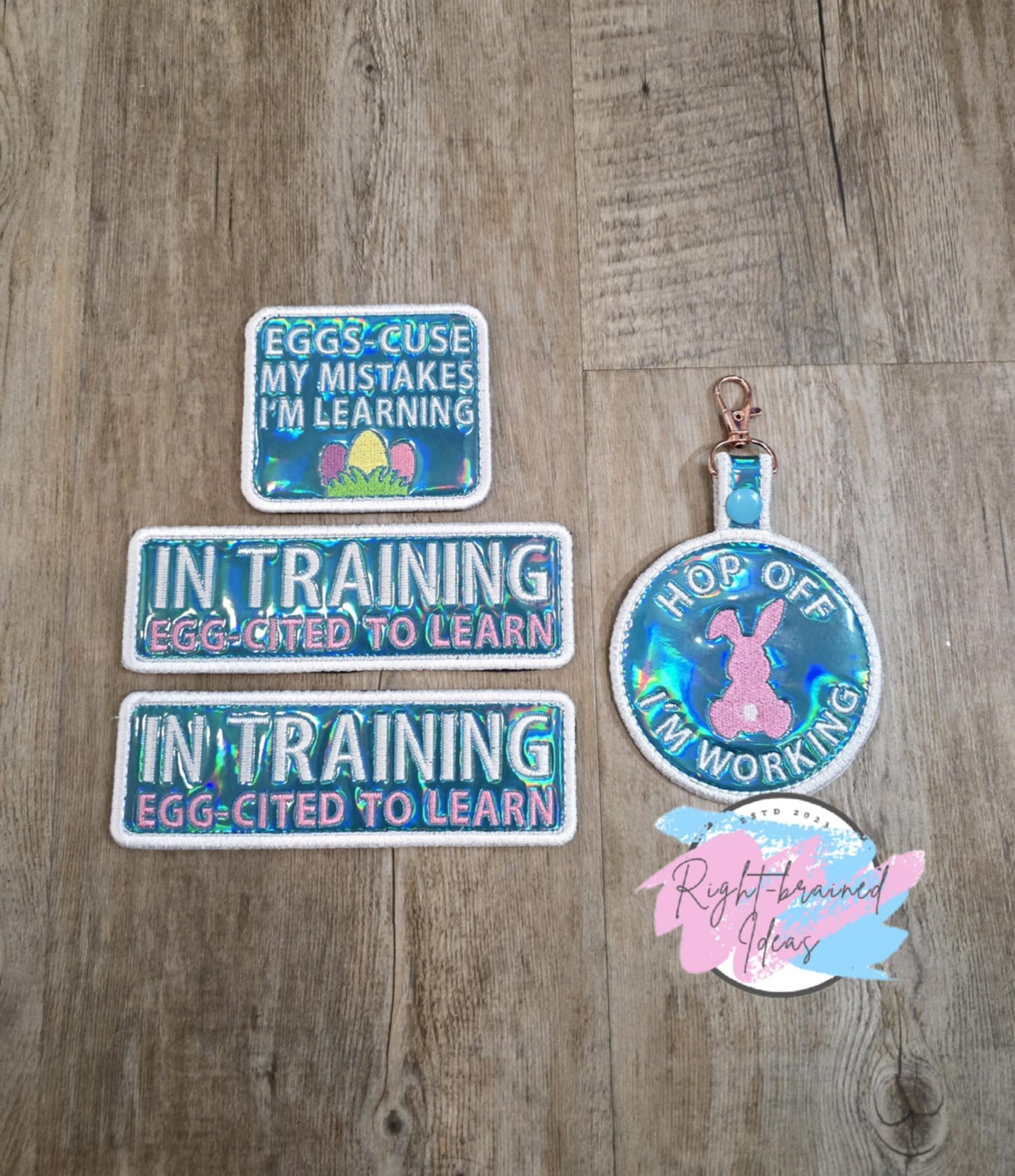 Easter Egg and Bunny Inspired In Training White on Teal Holographic Vinyl Four-piece Patch and Patch Tab Set