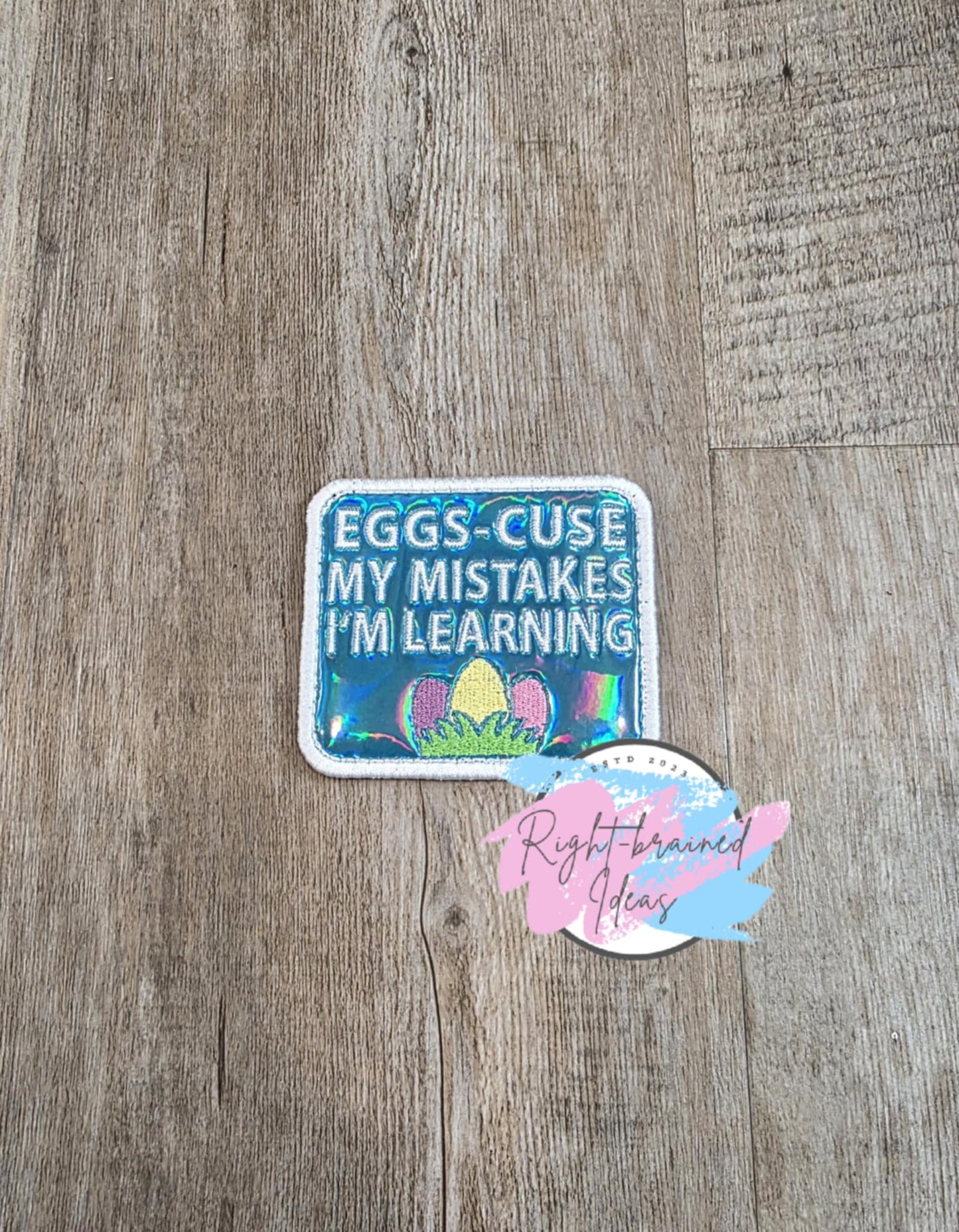 Easter Egg and Bunny Inspired In Training White on Teal Holographic Vinyl Four-piece Patch and Patch Tab Set