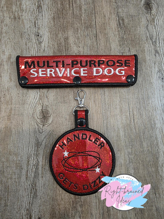 Service Dog Multi-purpose Handler Gets Dizzy White On Sparkle Red Holographic Vinyl Two-piece Patch Tab and Leash Wrap Set